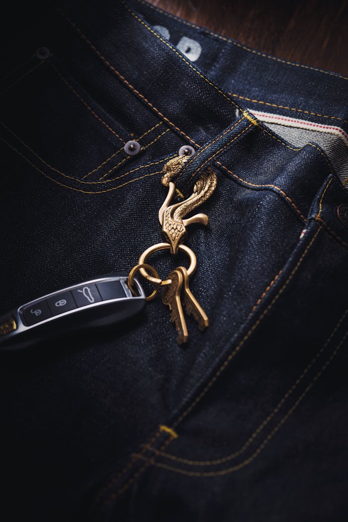 Close-up of jeans with an elegant eagle keychain and a modern electronic car key.