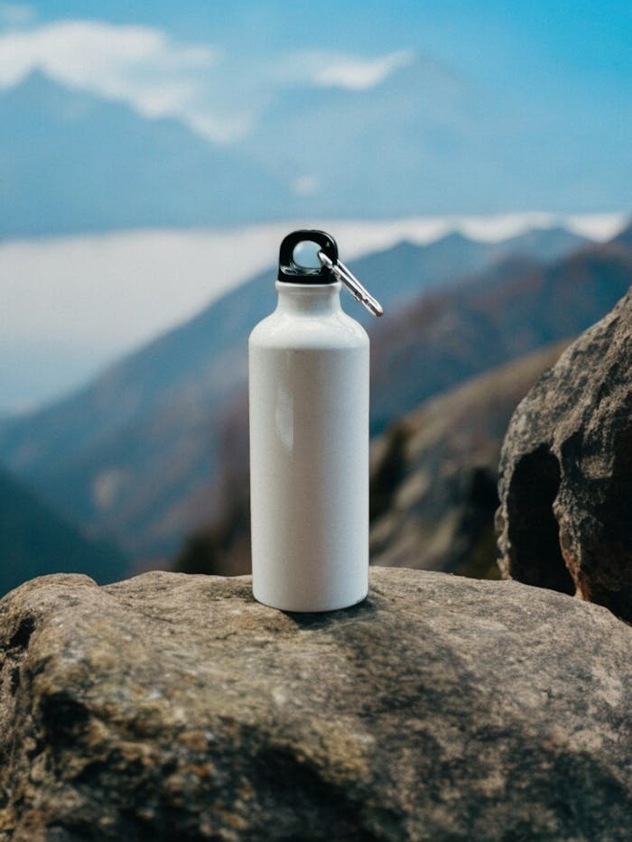 White stainless steel bottle placed on rocks with scenic mountain background.